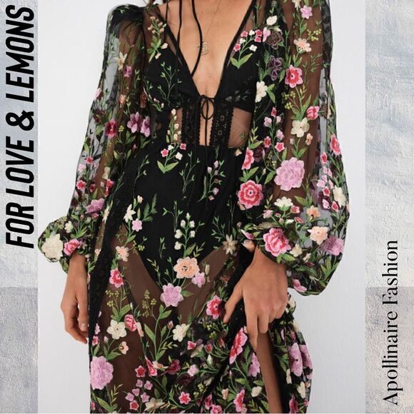 FOR LOVE AND LEMONS LUNA MAXI DRESS IN BLACK COMBO NWT XS FLORAL SHEER EMBROIDER - Picture 9 of 10